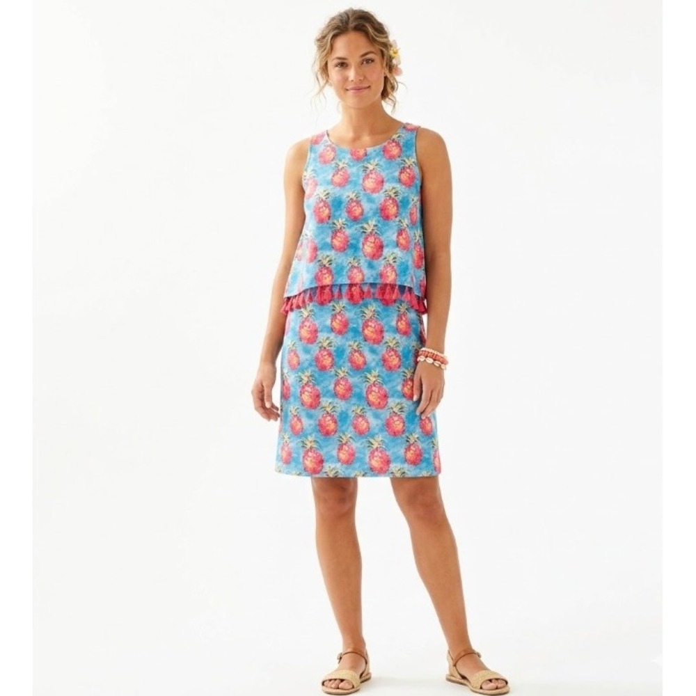 New Leoma Lovegrove Dress Large Blue Pink Pineapple Tropical Tassel Boho Artsy‎